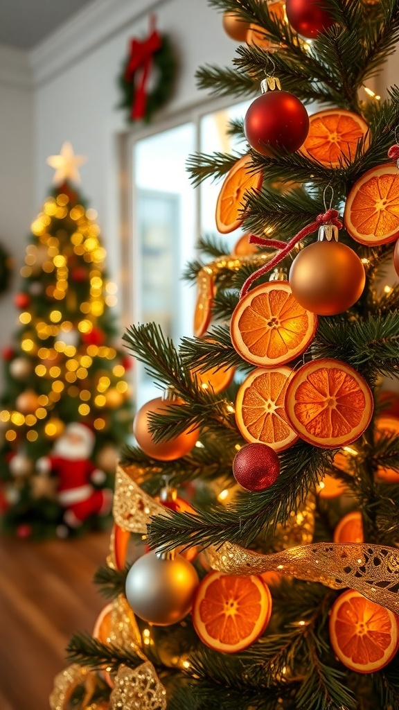 Decorative Christmas Tree with Dried Orange Slices A Christmas tree decorated with dried orange slices and lights, creating a warm holiday ambiance.
